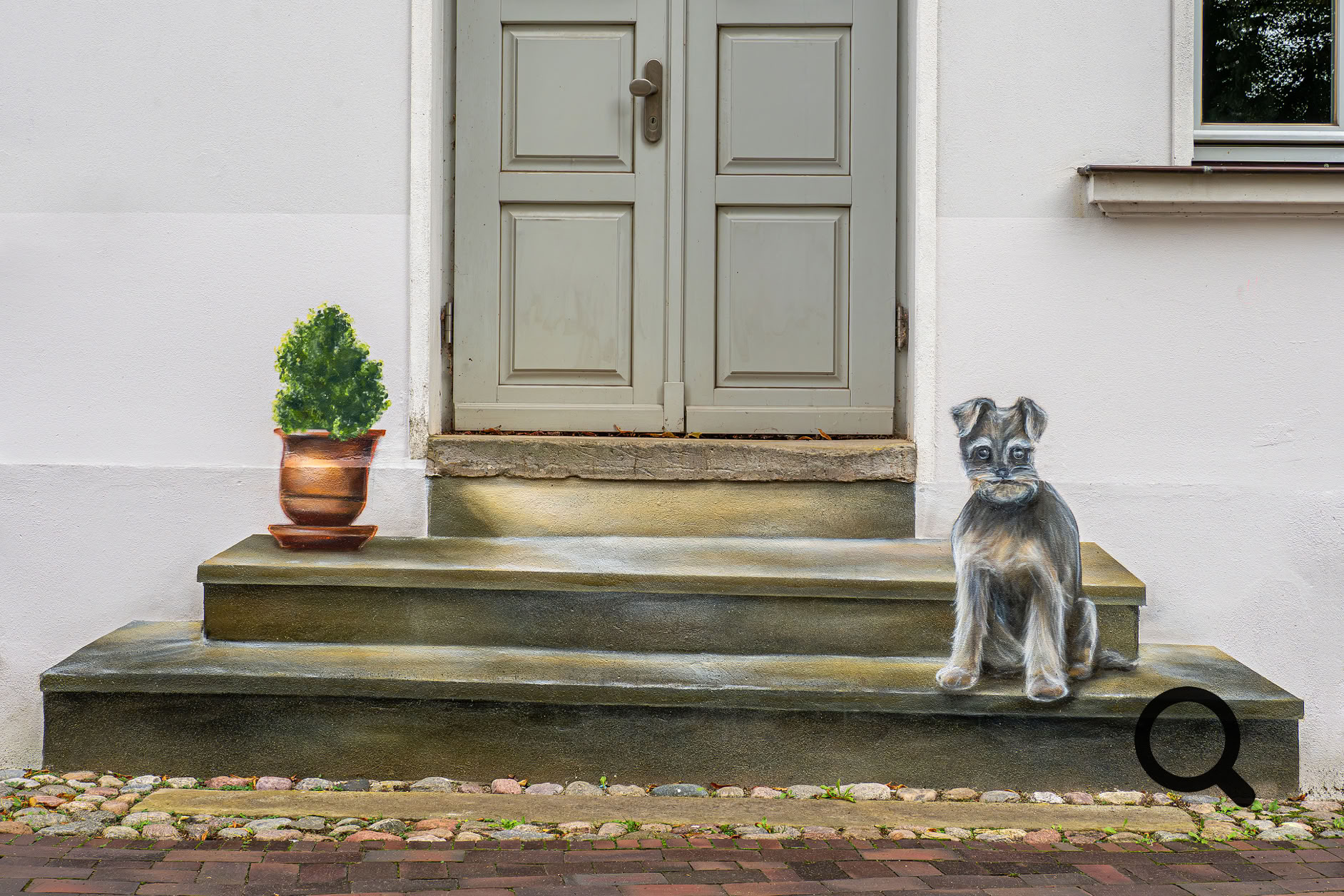 Wand Graffiti mit dem Hund Optimus von Domina Olga von Oertzen.