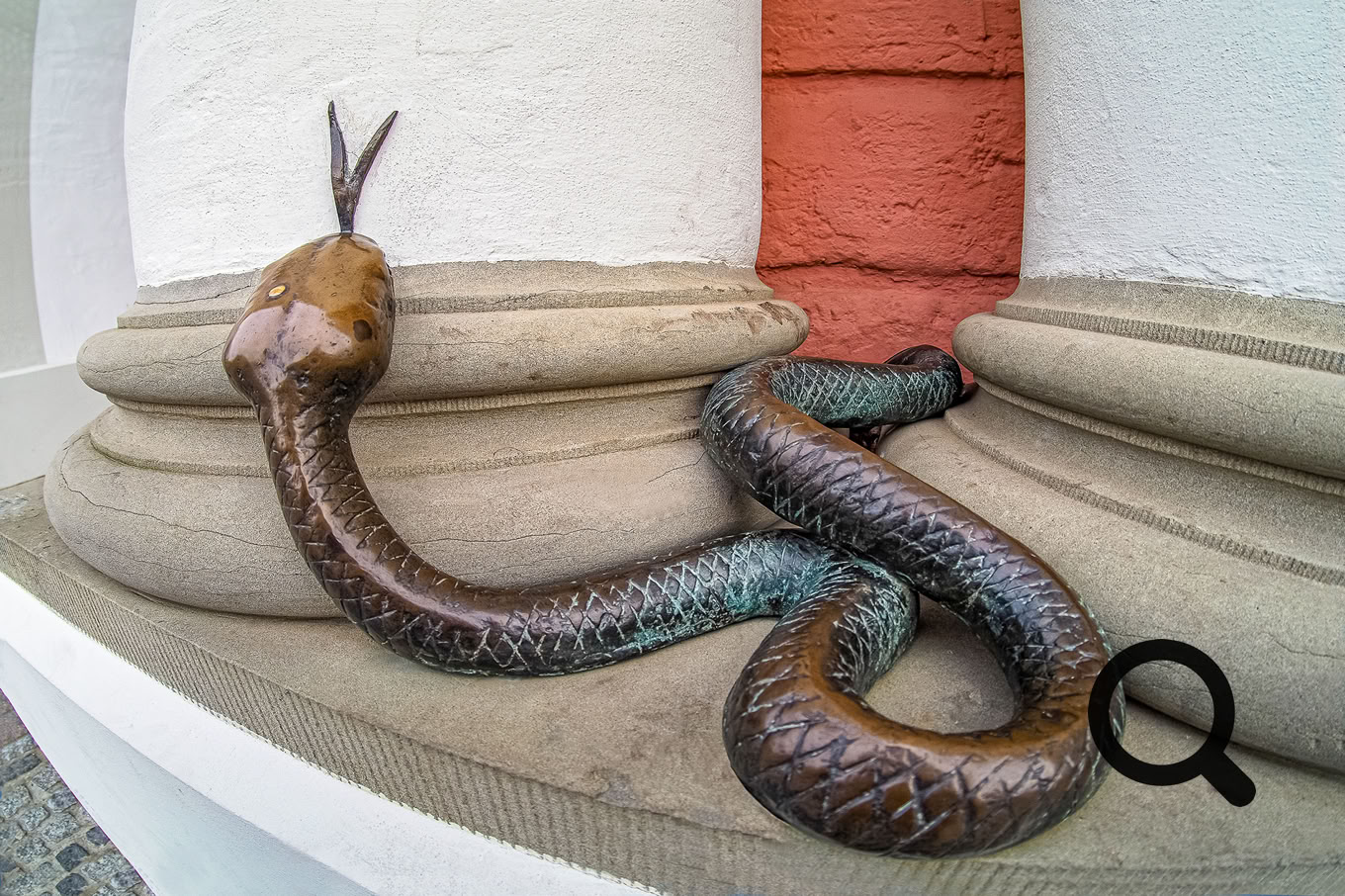 Ein beliebtes Fotomotiv: Die bronzene Schlange an der nördlichen Doppelsäule des Rostocker Rathausvorbaus.