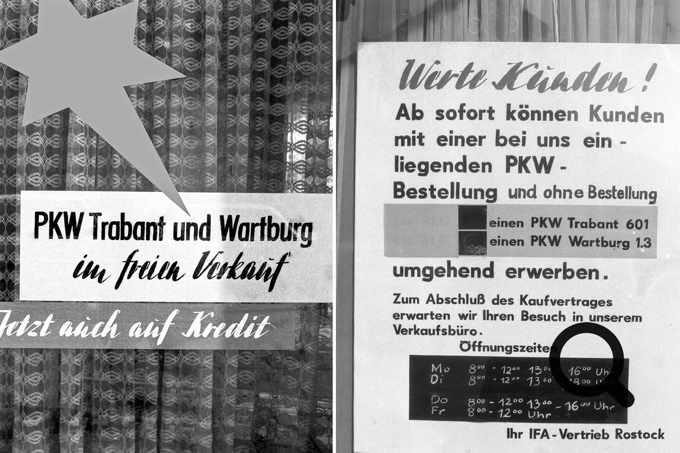 März 1990 in Rostock: Trabi und Wartburg sofort! Sogar auf Kredit! Mit Bestellung oder ohne!